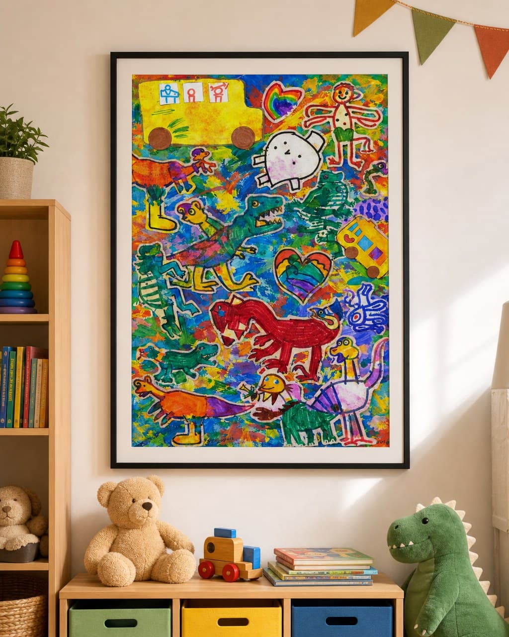 Framed print made from a child's drawings, hanging on a living room wall